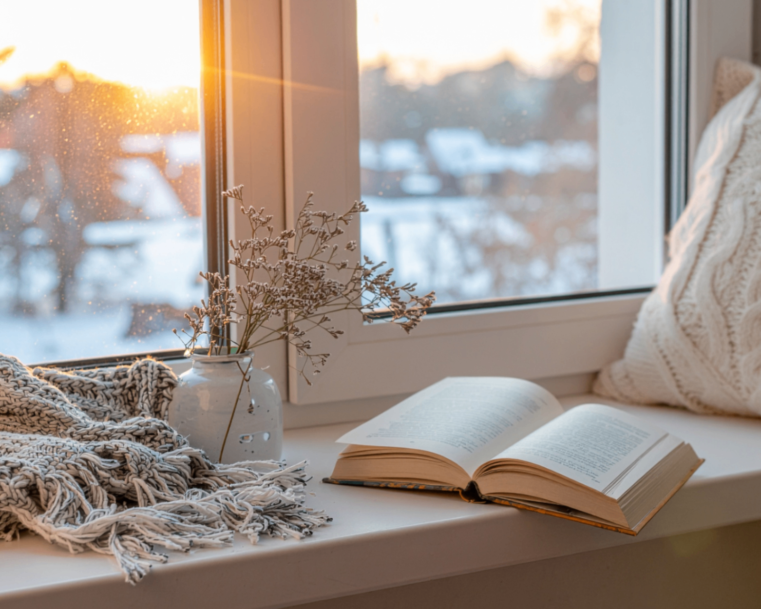 An open book on a windowsill beside a textured throw and a vase of dried stems at golden hour