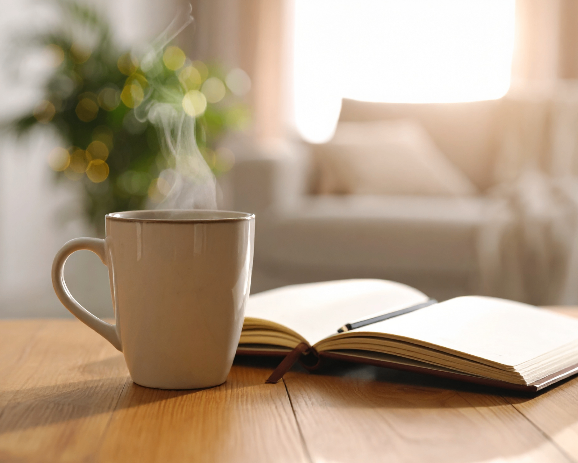 A steaming ceramic mug beside an open journal on a wooden table in warm morning light