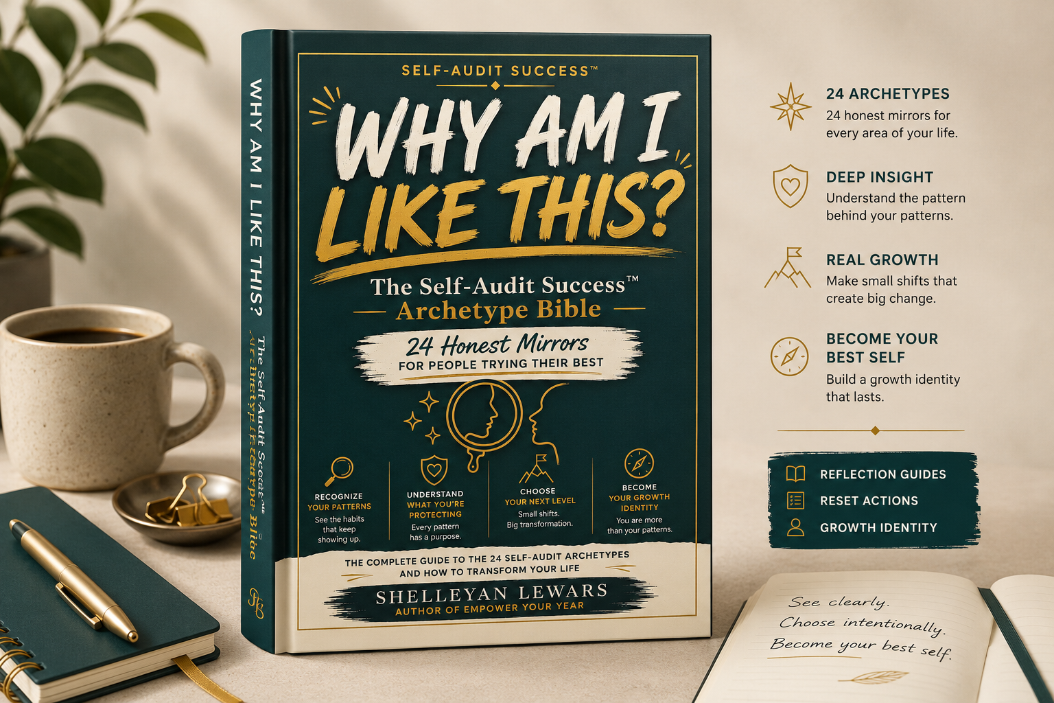 The Why Am I Like This Archetype Bible cover. A hardcover book on a desk with coffee, journal, and pen, surrounded by editorial callouts: 24 Archetypes, Deep Insight, Real Growth, Become Your Best Self.
